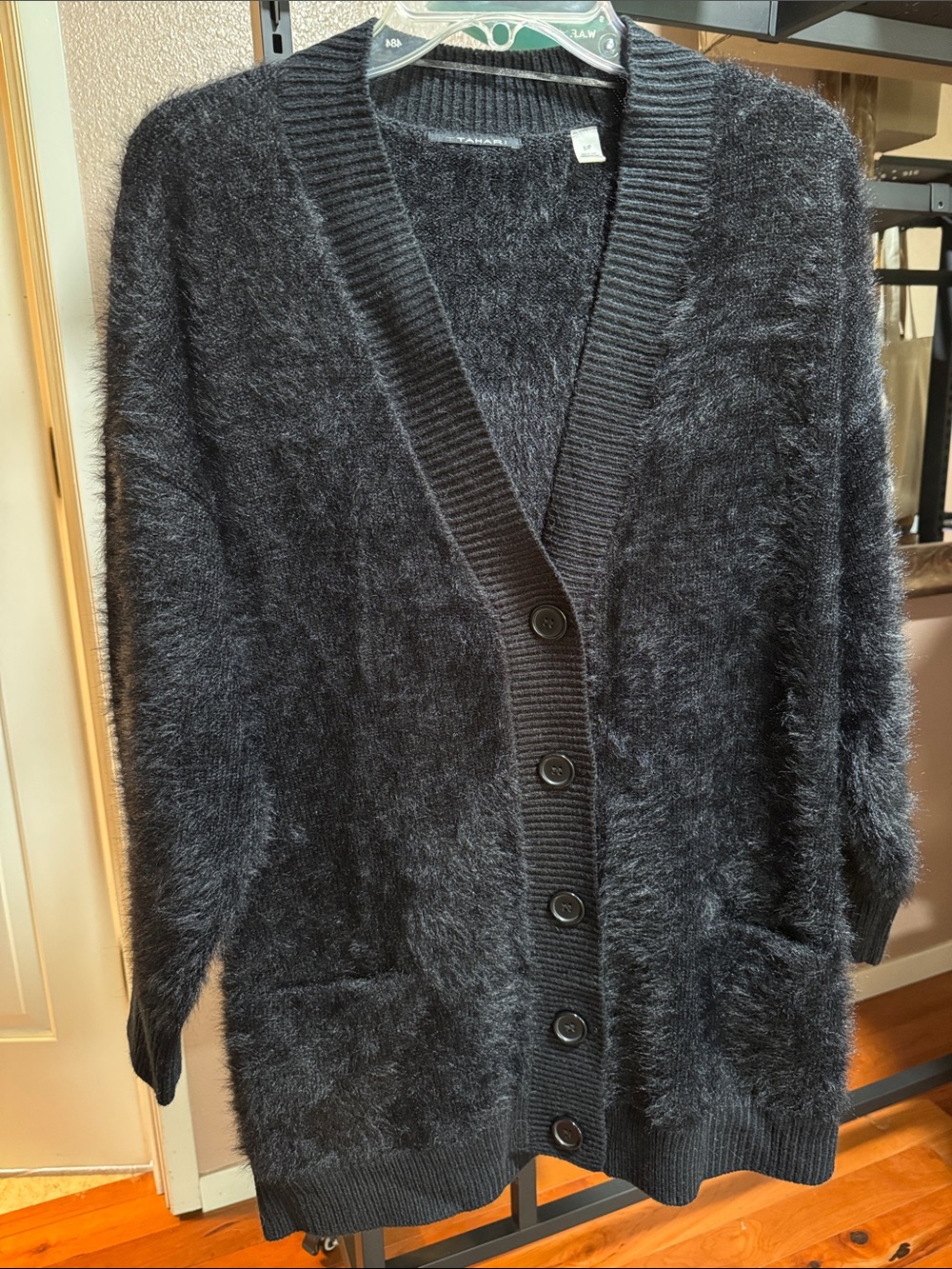 T Tahari Cozy Black Fuzzy Button-Up Oversized Cardigan